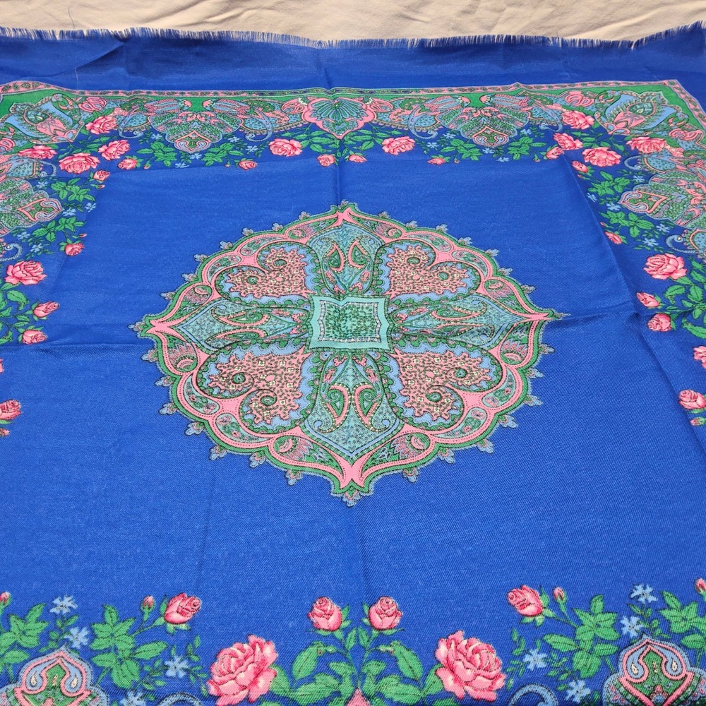 Unbranded‎ Square Scarf Women OS Blue Floral Paisley Russian Folk Babushka Style